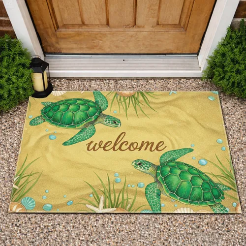 Sea Turtles Welcome Starfish Seagrass Sandy Beach - Coastal Home Decor Gift for Ocean Lovers Doormat