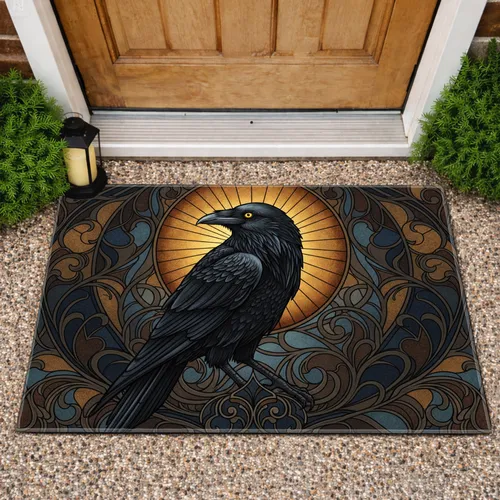 Black Raven Stained Glass Sunburst Gothic Scrollwork - Home Decor Gift for Bird Lovers Doormat