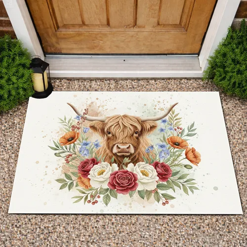 Highland Cow Wildflower Poppies Roses Peonies - Farmhouse Home Decor Gift for Cow Lover Doormat