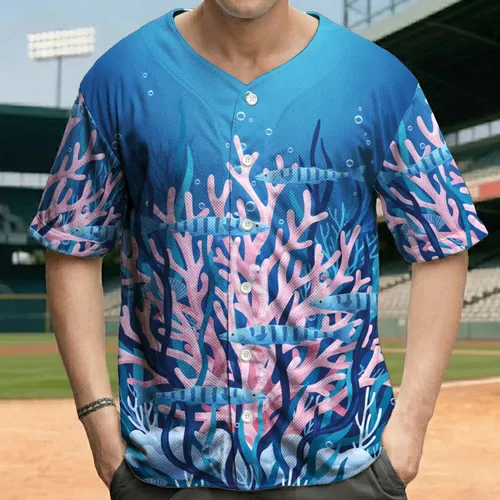 Pink Branching Coral Blue Striped Fish Deep Ocean Scene - Ocean Lover Gift Baseball Jersey