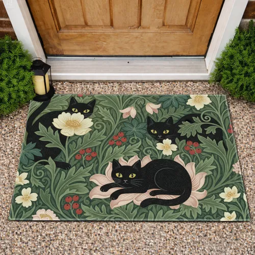 Black Cats Wildflower Garden - Home Decor Gift for Cat Lovers Doormat