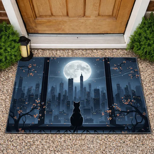 Black Cat Full Moon Cityscape - Home Decor Gift for Cat Lover Doormat
