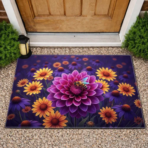 Iridescent Honeybee Lush Dahlia Daisy Coneflower Field - Garden Lover Home Decor Gift Doormat
