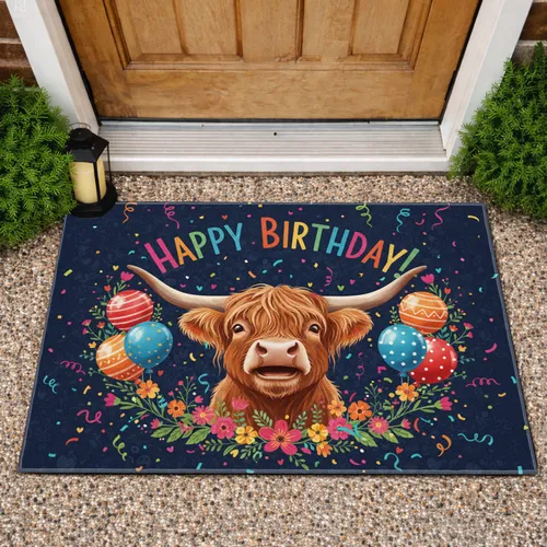 Jovial Highland Cow Birthday Balloons Wildflowers - Birthday Gift for Cow Lover Doormat