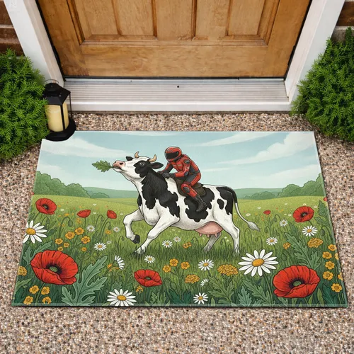 Holstein Cow Rider Wildflower Meadow - Home Decor Gift for Cow Lover Doormat