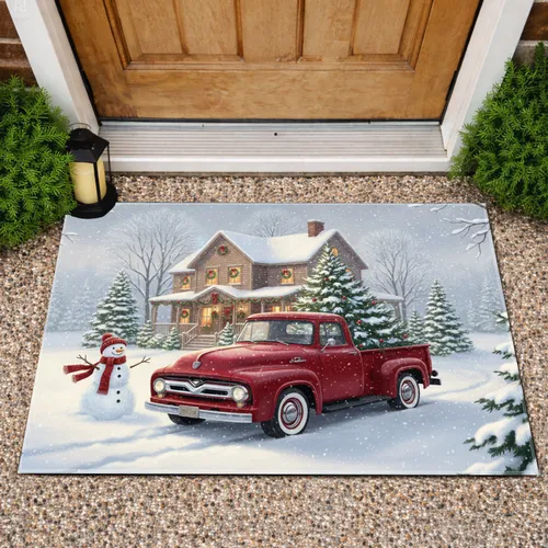 Red Vintage Pickup Truck Christmas Tree Snowman Christmas House - Christmas Gift Doormat
