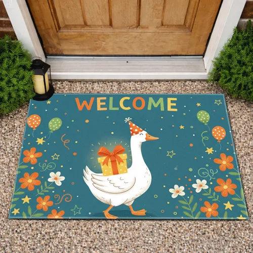 White Goose Welcome Party Hat Flowers - Celebratory Home Decor Doormat