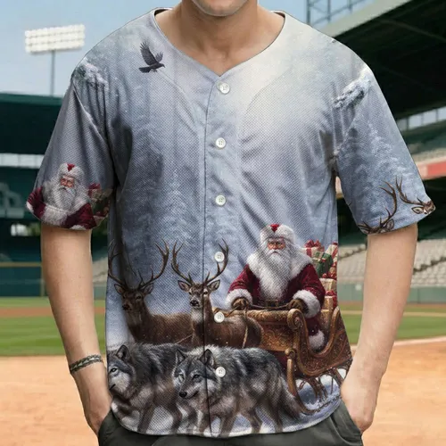 Majestic Santa Claus Sleigh Forest Animals - Christmas Holiday Gift for Wildlife Lovers Baseball Jersey