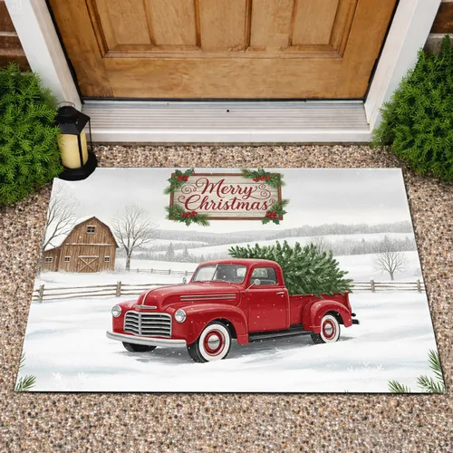 Vintage Red Pickup Truck Christmas Tree Snowy Barn - Christmas Holiday Decor Doormat