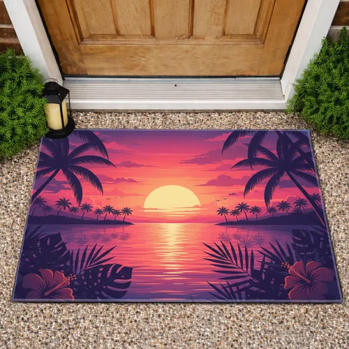 Tropical Sunset Ocean Palm Trees Hibiscus Floral - Home Decor Gift for Tropical Lover Doormat