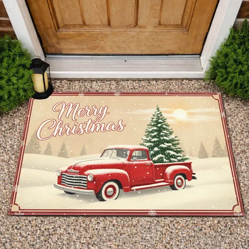 Merry Christmas Snowy Pickup Truck - Holiday Decor Gift for Truck Lovers Doormat
