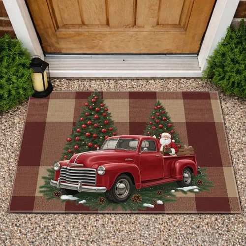 Vintage Red Pickup Truck Santa Christmas Trees - Christmas Holiday Decor Gift Doormat
