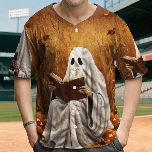 Ethereal Sheet Ghost Reading Antique Book Jack-O'-Lanterns Earthy Autumnal Halloween Party Baseball Jersey