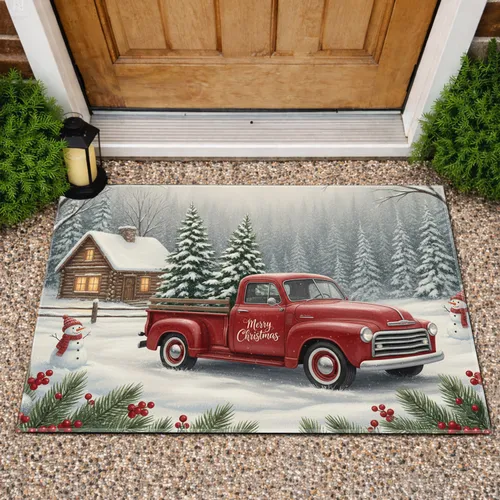 Vintage Red Pickup Truck Pine Trees Cabin Snowmen Christmas Holiday Decor Doormat