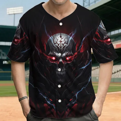 Molten Red Eye Skeletal Skull Tribal Markings - Dark Fantasy Gift for Gothic Fan Baseball Jersey