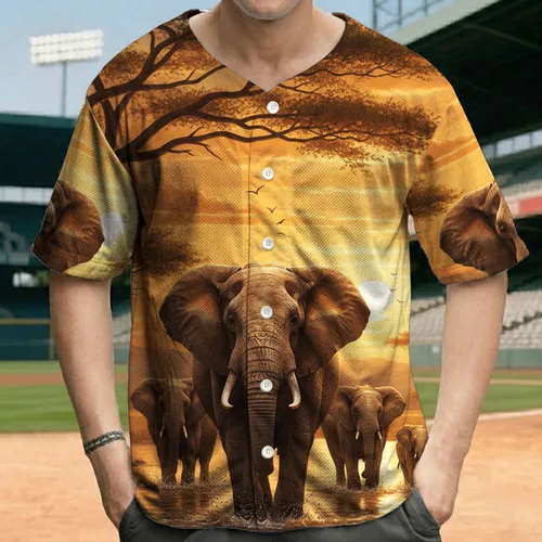 African Elephant Family Walking Water Golden Sunset Savanna - African Wildlife Lover Gift Baseball Jersey