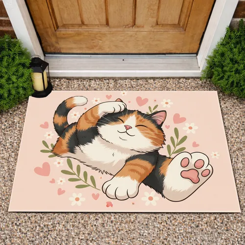 Calico Cat Stretching Hearts Flowers Leaves - Home Decor Gift for Cat Lovers Doormat