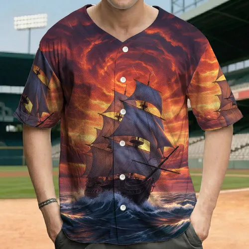 Majestic Sailing Ship Fiery Sunset Ocean Storm - Adventure Lover Gift Baseball Jersey