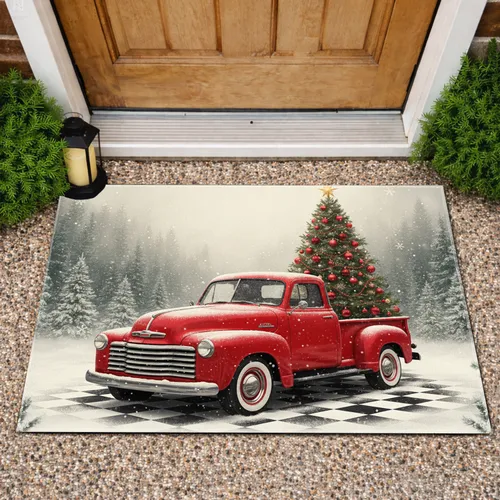 Vintage Red Pickup Truck Christmas Tree - Christmas Holiday Home Decor Gift Doormat