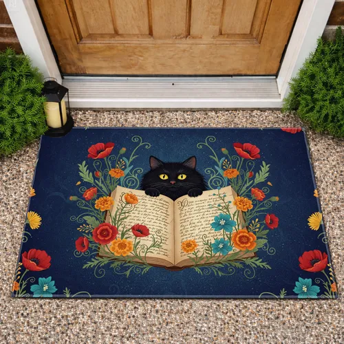 Black Cat Antique Book Wildflower - Home Decor Gift for Cat Lover Doormat
