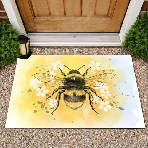 Realistic Black Bumblebee Five-Petal Flowers - Wildlife Lover Home Decor Gift Doormat