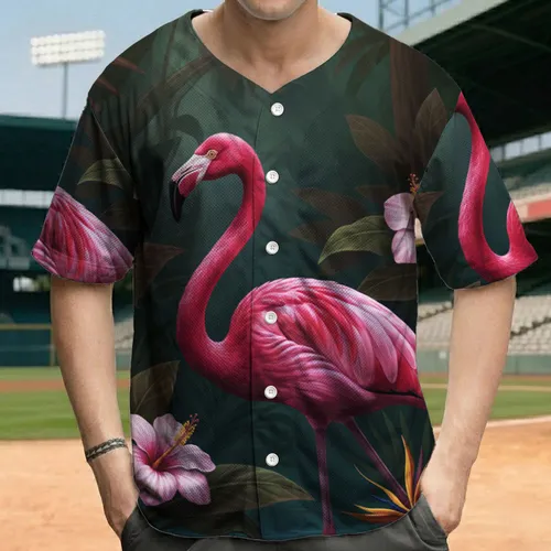 Vibrant Pink Flamingo Tropical Jungle Scene - Wildlife Lover Gift for Flamingo Lovers Baseball Jersey