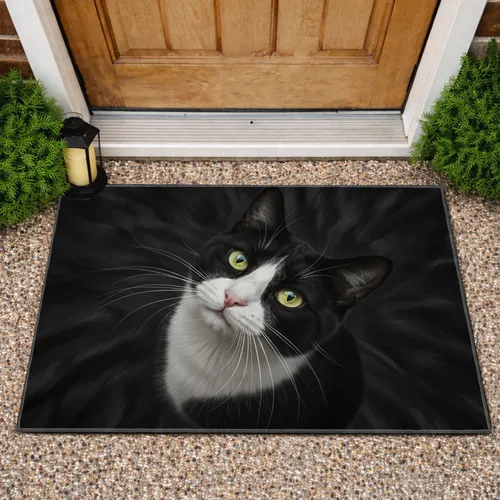 Black and White Tuxedo Cat Portrait - Home Decor Gift for Cat Lover Doormat