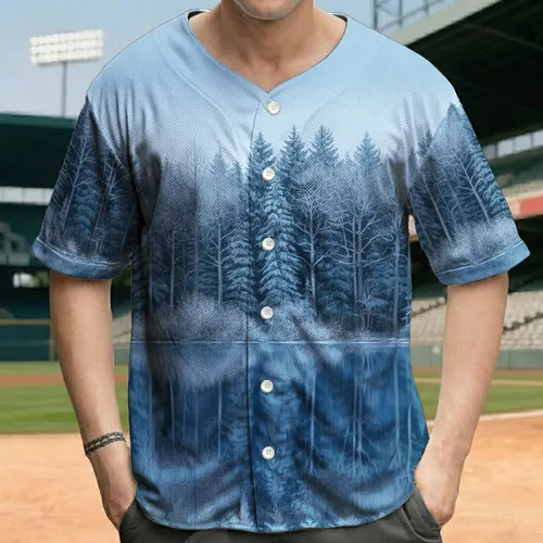 Frosted Evergreen Shoreline Water Reflection - Winter Season Gift for Nature Lovers Baseball Jersey