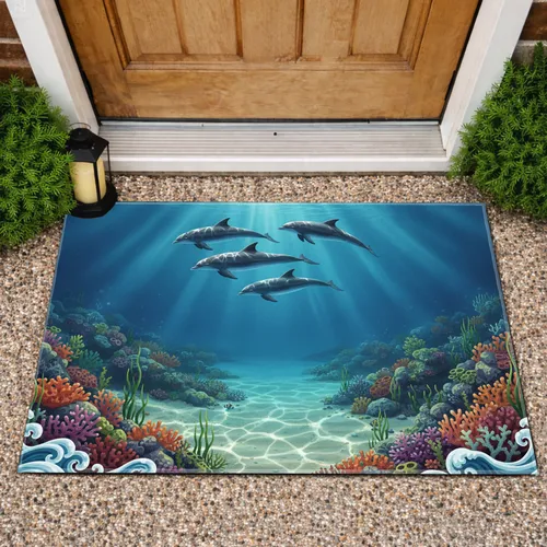 Realistic Dolphins Underwater Flora Coral Reef - Ocean Lover Gift Doormat