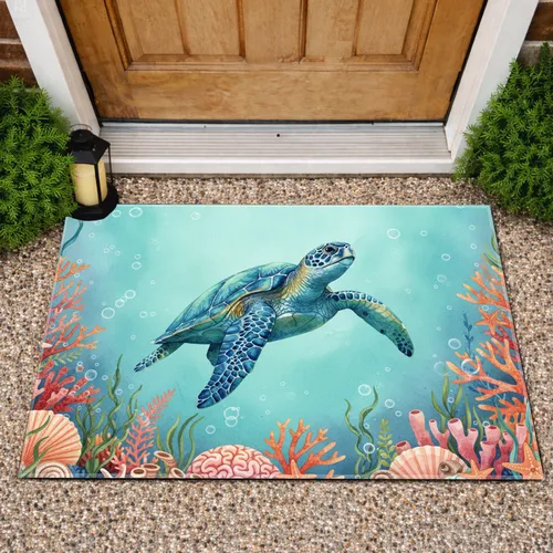 Sea Turtle Coral Reef Underwater Scene - Ocean Home Decor Gift for Wildlife Lover Doormat