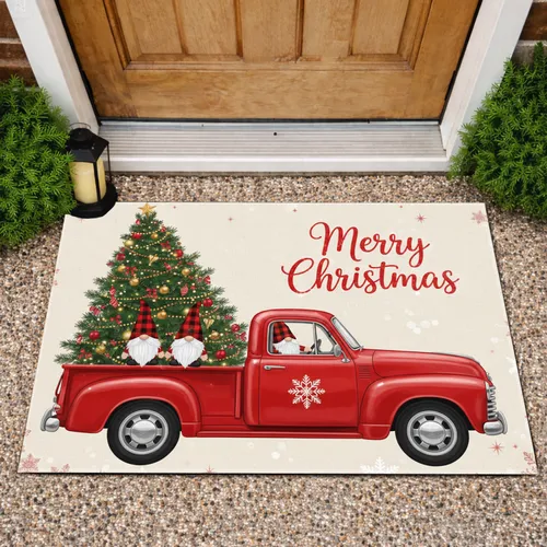 Red Pickup Truck Gnomes Merry Christmas Tree Snowflake - Holiday Decor Gift Doormat