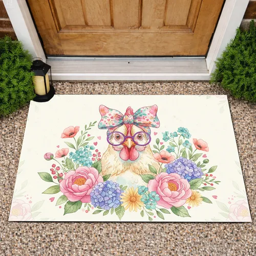 Chicken Floral Bow Wildflower Meadow - Farmhouse Home Decor Gift for Garden Lover Doormat