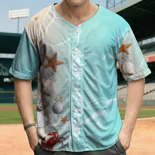 Shoreline Sand Ocean Water Seashells Starfish Crab - Beach Vacation Gift for Ocean Lovers Baseball Jersey