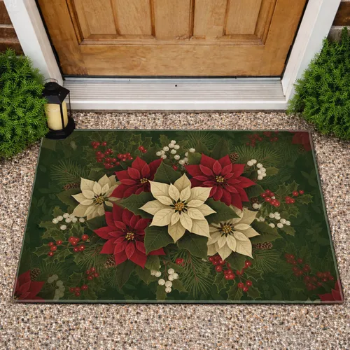 Poinsettia Holly Berries Pine Needles - Christmas Holiday Gift Doormat