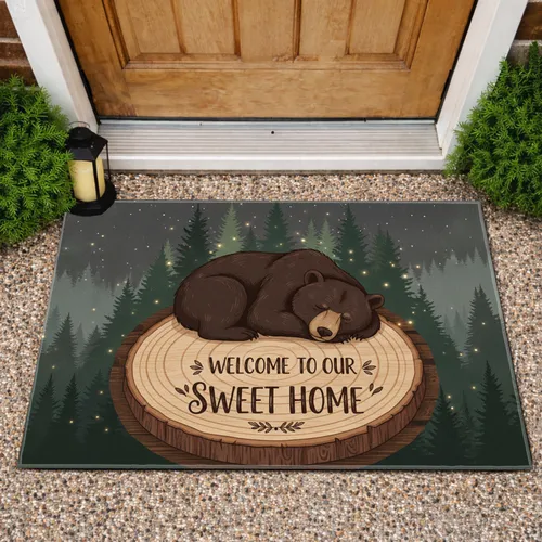 Sleeping Bear Welcome Home Tree Stump Forest Pine - Home Decor Gift for Bear Lover Doormat