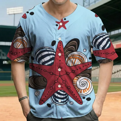 Deep Red Starfish Striped Clam Shells Conch Mussels Marine Elements - Ocean Lover Gift Baseball Jersey