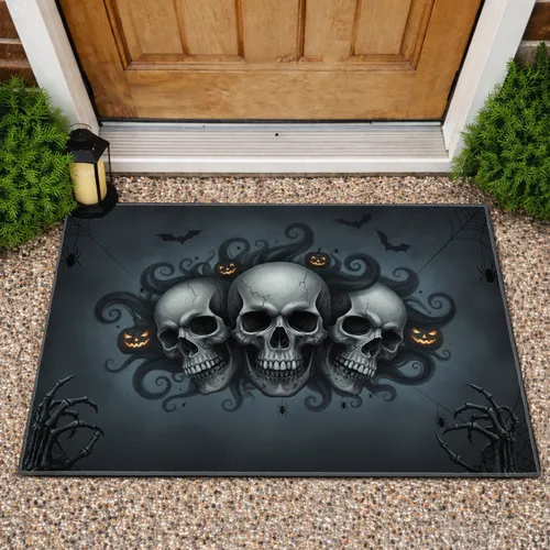 Realistic Skulls Ghostly Mist Spiderwebs Bats Jack-o'-lanterns - Halloween Decor Doormat
