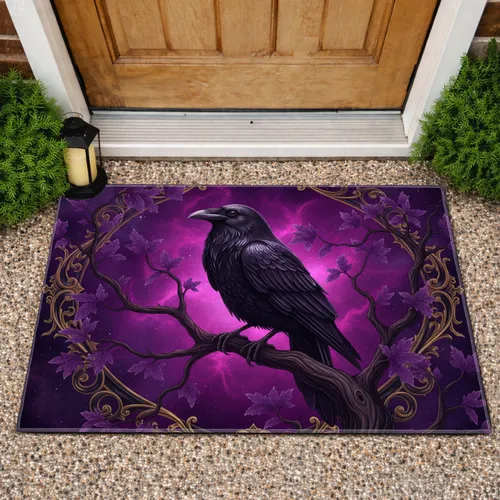 Gothic Black Raven Purple Leaves Ornate Gold Frame - Home Decor Gift for Fantasy Lover Doormat