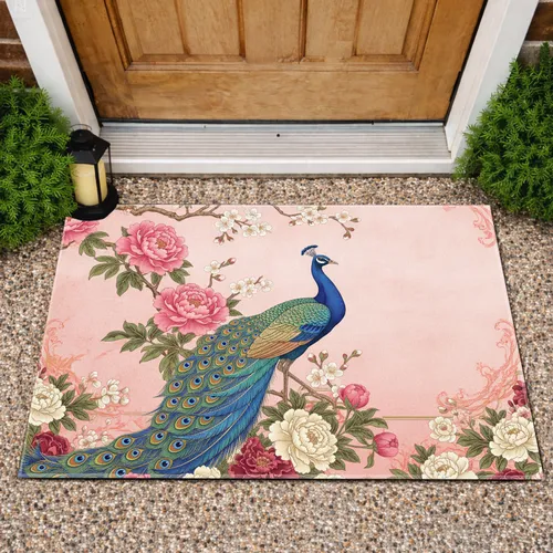 Peacock Pink Peony Cherry Blossom Floral - Home Decor Gift for Bird Lover Doormat