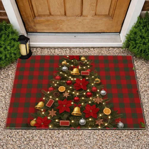 Christmas Tree Poinsettia Gingerbread Tartan Plaid - Christmas Home Decor Gift Doormat