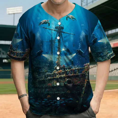 Ancient Sunken Shipwreck Scuba Diving Sea Turtles Coral - Underwater Exploration Gift Baseball Jersey