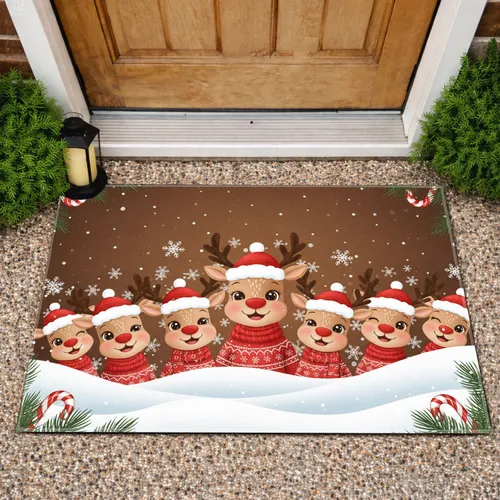 Christmas Reindeer Faces Santa Hat Snow Pine Candy Cane - Holiday Home Decor Gift Doormat
