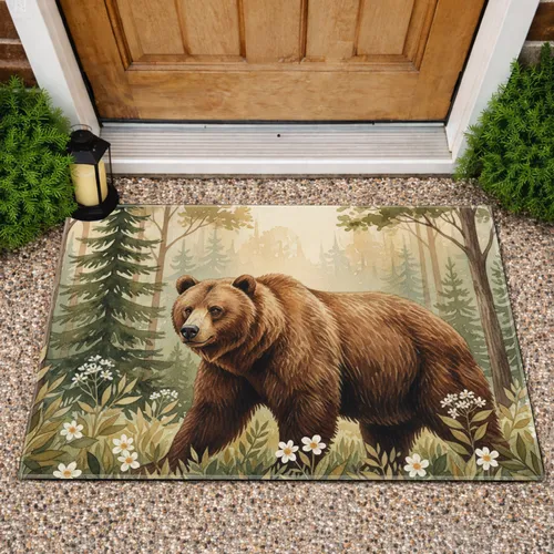 Grizzly Bear Pine Forest Wildflower - Wildlife Lover Home Decor Gift Doormat