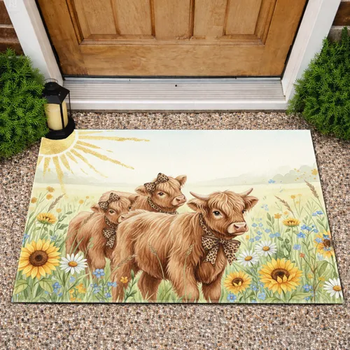 Highland Cow Wildflower Meadow - Farmhouse Home Decor Gift for Cow Lover Doormat