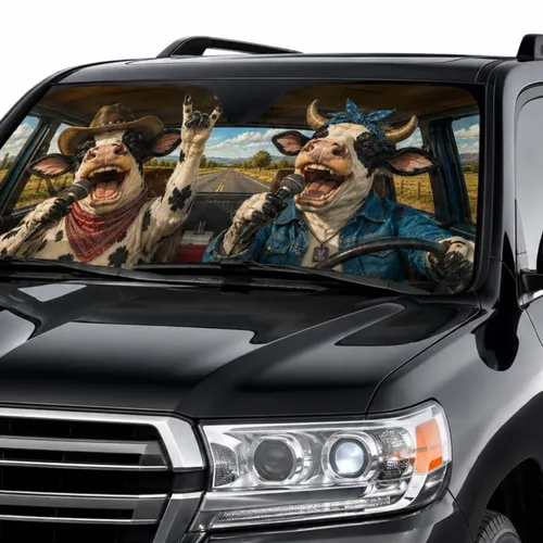 Funny Cows Foil Windshield Cover - Road Trip Travel Essentials Car Upgrade for Drivers Car Sunshade
