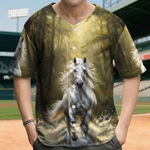 Galloping White Horse Forest Water - Wildlife Lover Gift for Equestrian Baseball Jersey