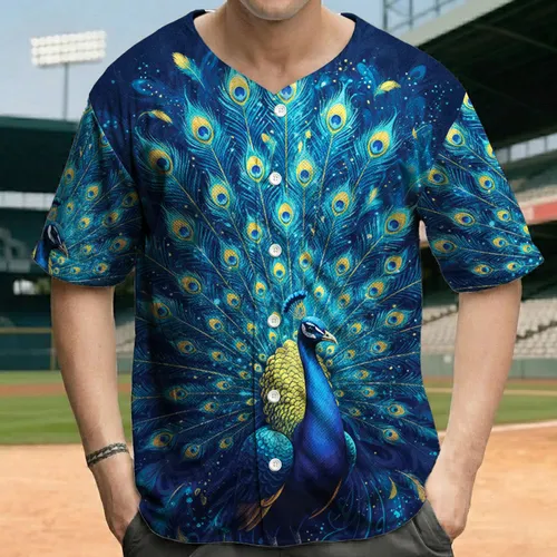 Radiant Majestic Fanned Peacock Feathers Blue Teal Gold - Wildlife Lover Gift Baseball Jersey