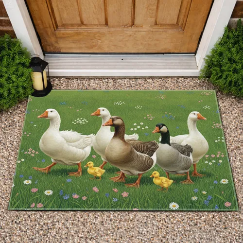 White Brown Grey Geese Yellow Duckling Wildflower Meadow - Farmhouse Home Decor Gift Doormat