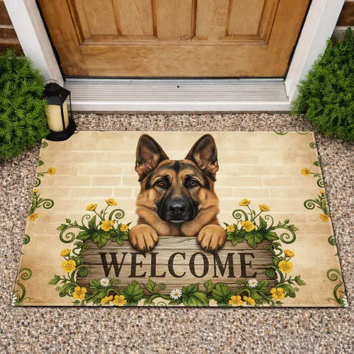 German Shepherd Welcome Sign Wildflowers - Rustic Home Decor Gift for Dog Lovers Doormat