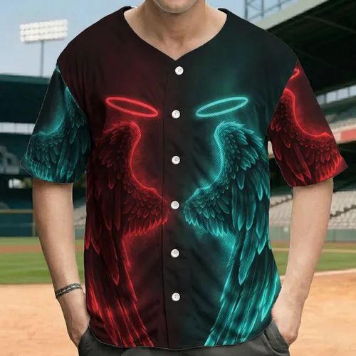 High Contrast Red Teal Glowing Feather Wings - Lifestyle Fashion Statement Gift Baseball Jersey
